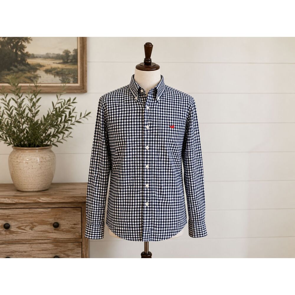 Southern Marsh Wrinkle Free Button Down Men's Medium Navy White Gingham EUC